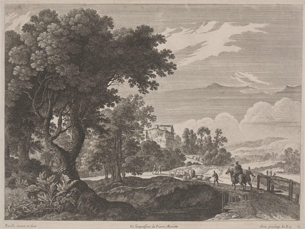 Paysage avec voyageurs traversant un pont - Gabriel (after) Perelle
