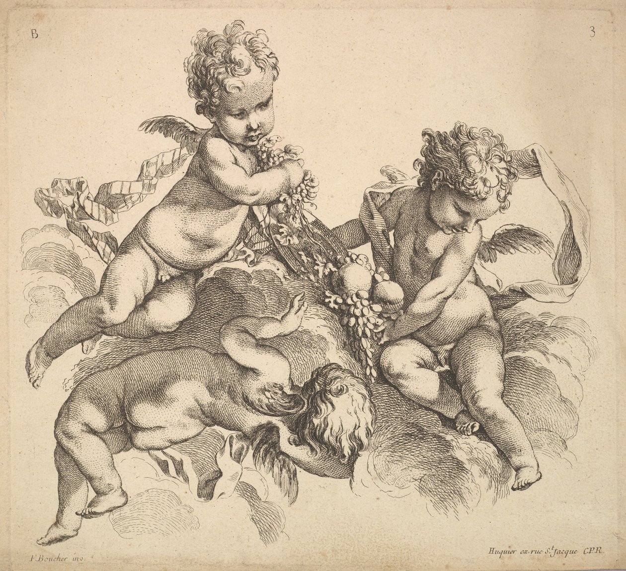 Trois enfants avec une assiette de fruits - Gabriel Huquier