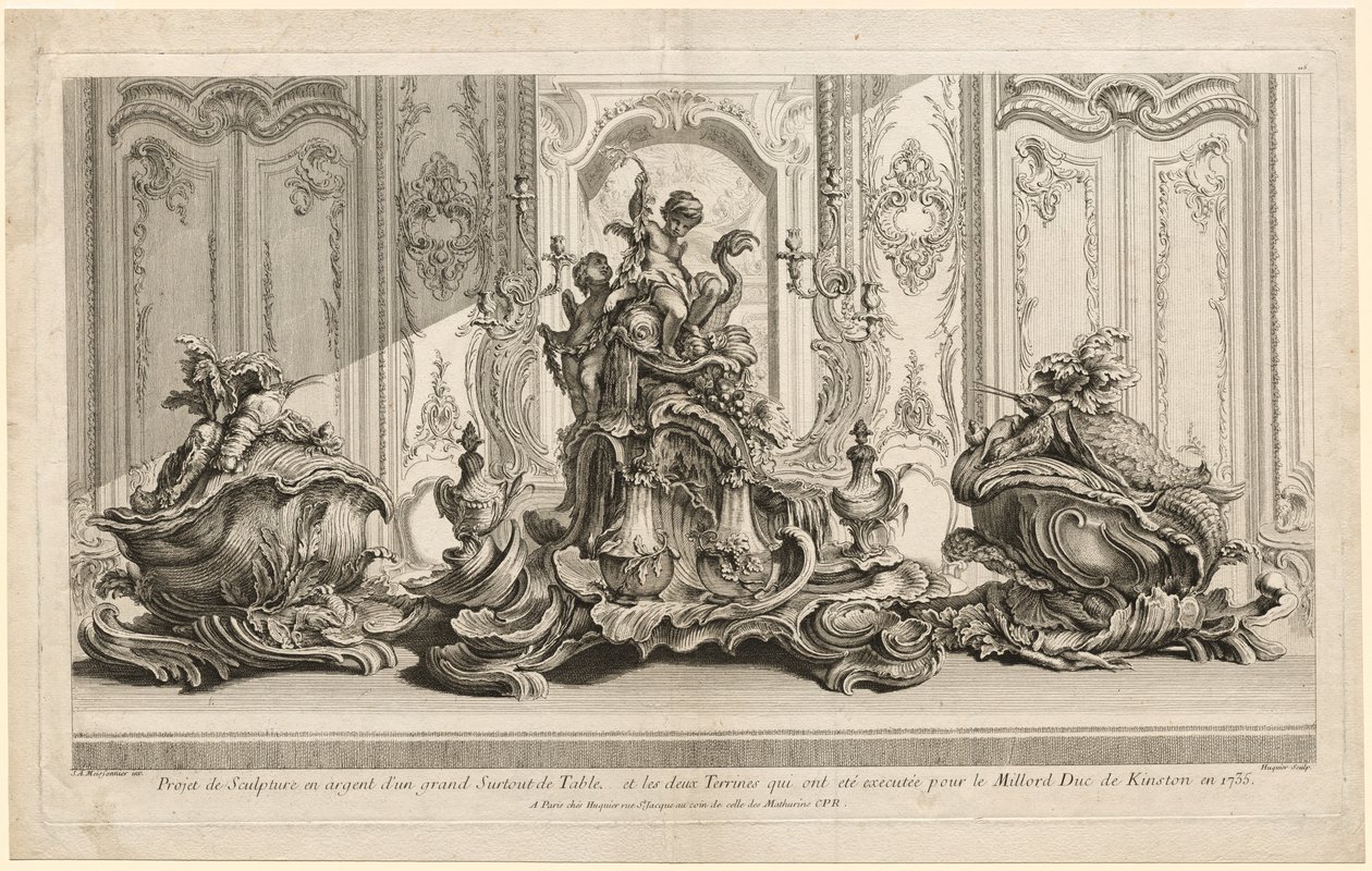 Œuvres de Juste-Aurèle Meissonier : Projet sculptural en argent pour une grande pièce maîtresse et deux soupières exécutées pour Son Excellence le Duc de Kingston - Gabriel Huquier