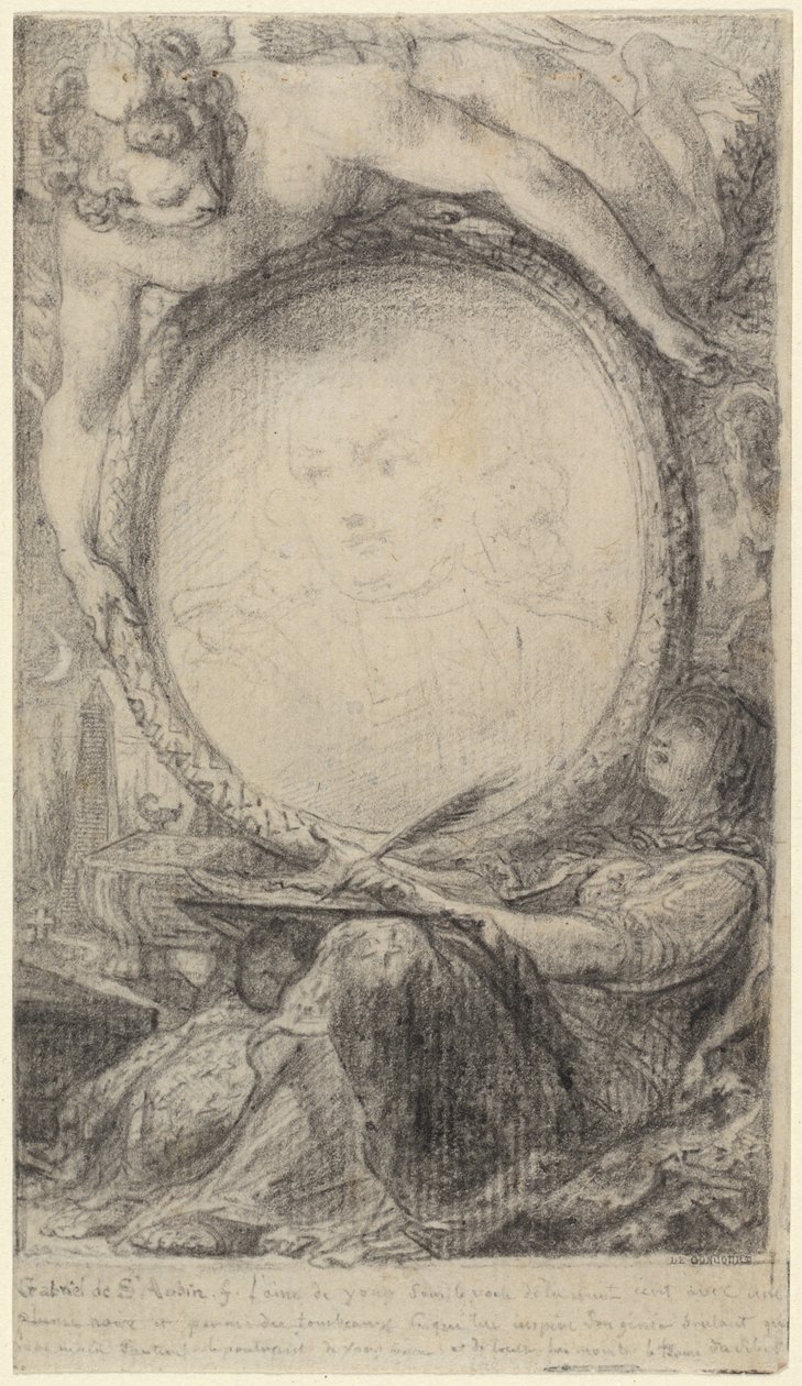 Cadre allégorique avec un génie et une femme voilée écrivant - Gabriel Jacques de Saint Aubin