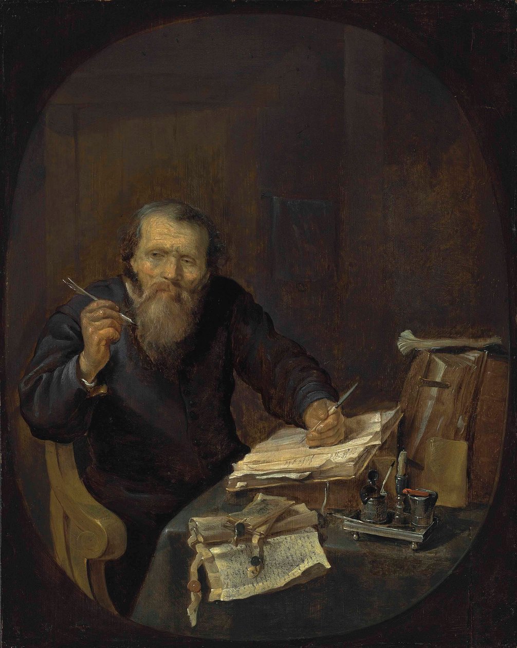Un notaire affûtant sa plume, dans un intérieur - Gabriel Metsu