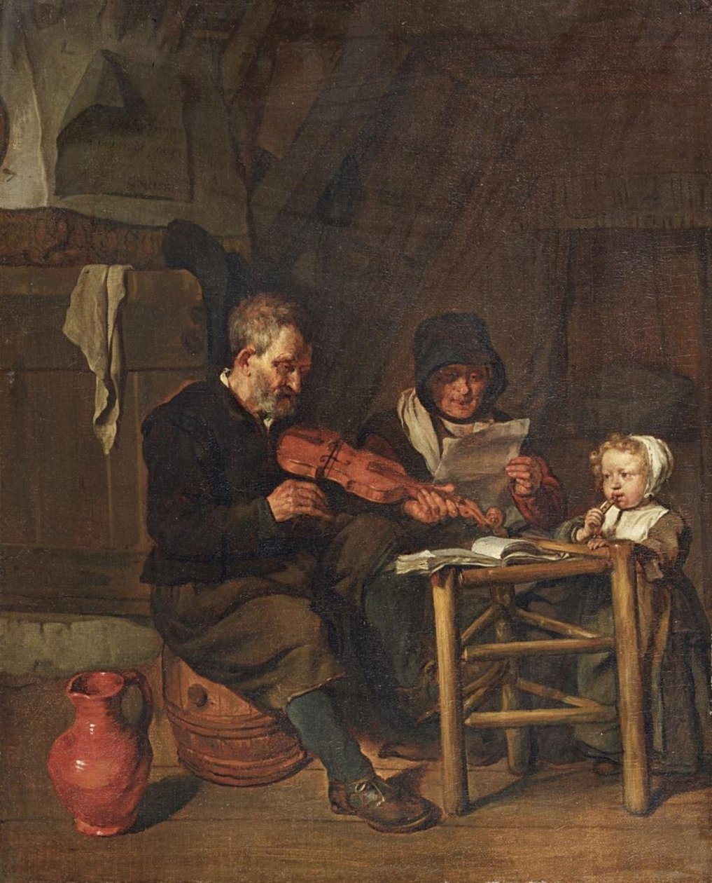 Néerlandais : Soo de oude songen, soo piepen de jongen Comme les vieux chantent, comme les jeunes canalisent - Gabriel Metsu
