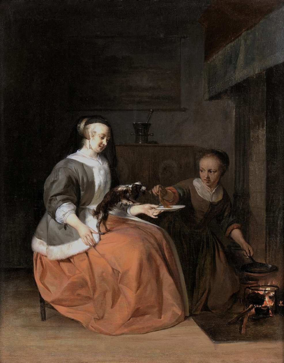 Jeune femme et servante donnant une crêpe à un chien - Gabriel Metsu