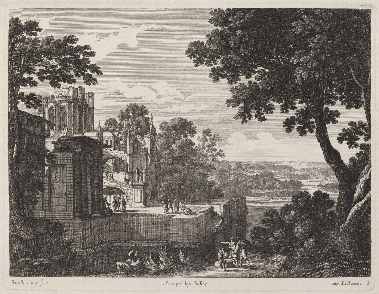 Grand paysage avec une abbaye en ruine - Gabriel Perelle