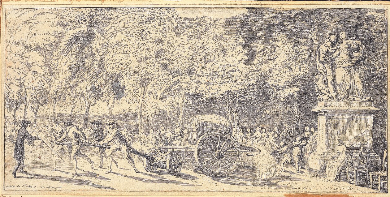 Figures tirant un tonneau sur un chariot dans les jardins des Tuileries, 1760 - Gabriel de Saint Aubin