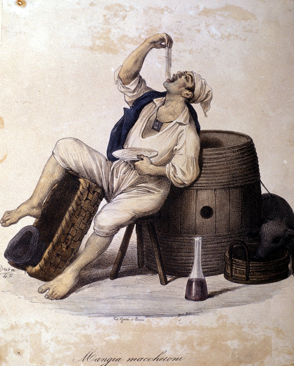 Napolitain mangeant des macaronis. Lithographie de Dura - Gaetano Dura