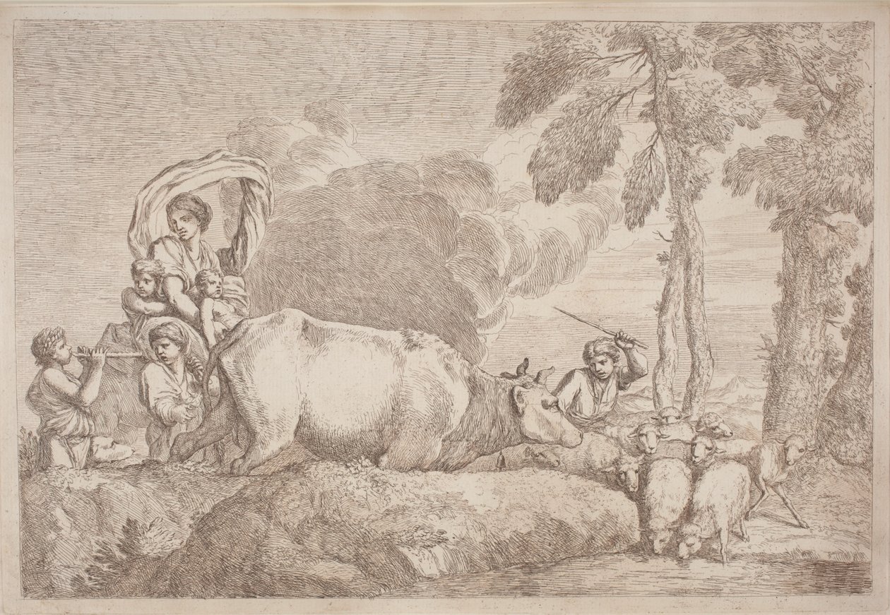 Une femme avec deux enfants à cheval - Gaetano Zompini, after Giovanni Benedetto Castiglione