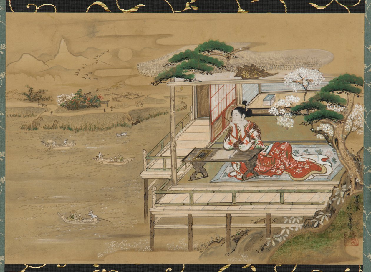 Murasaki Shikibu composant le Conte de Genji à Ishiyamadera, période Edo, 19ème siècle - Gakutei