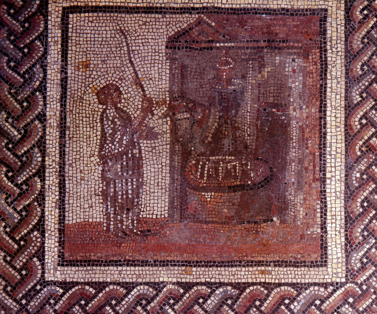 Art gallo-romain : pavement en mosaïque représentant un calendrier rustique. Le travail avec la meule. Fin 2e, début 3e siècle après J.-C. De Saint-Romain-en-Gal (Rhône). Saint-Germain-en-Laye, Musée national d