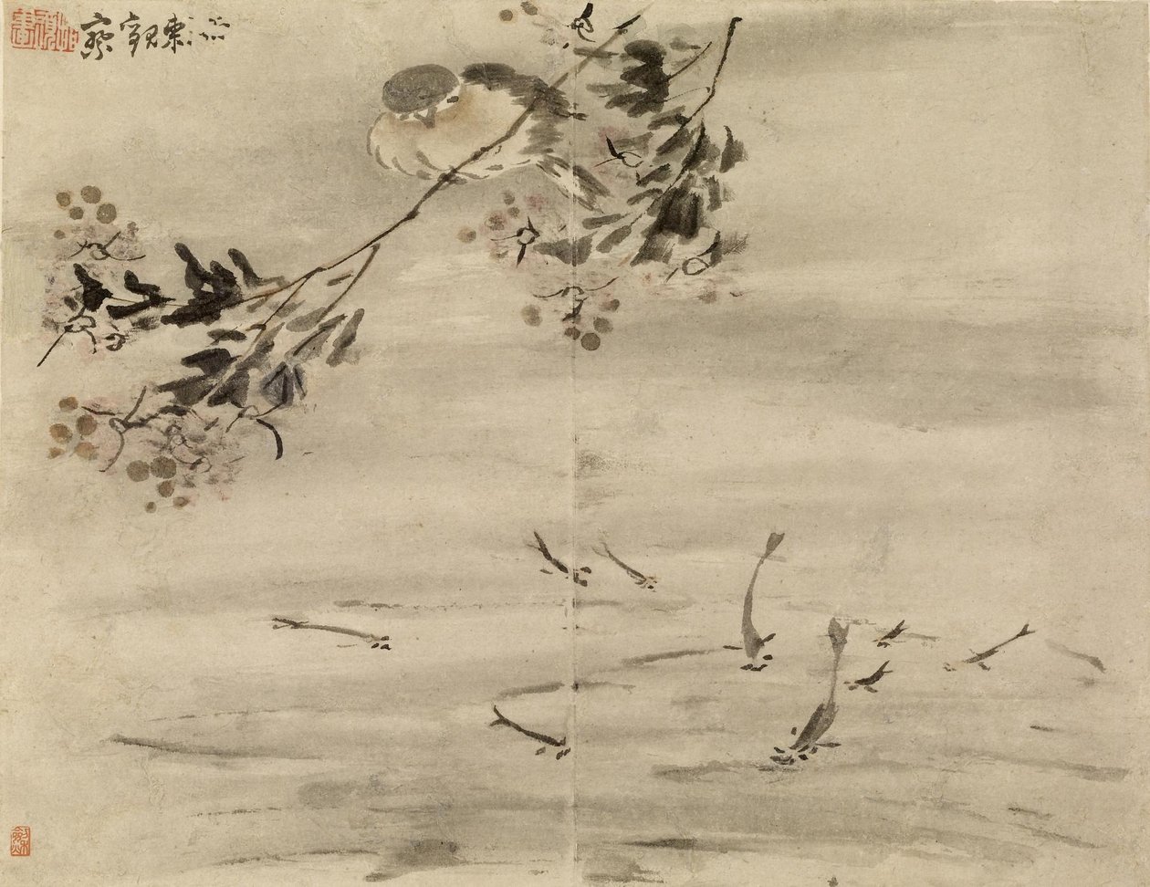 Oiseau observant un poisson - Gao Qipei