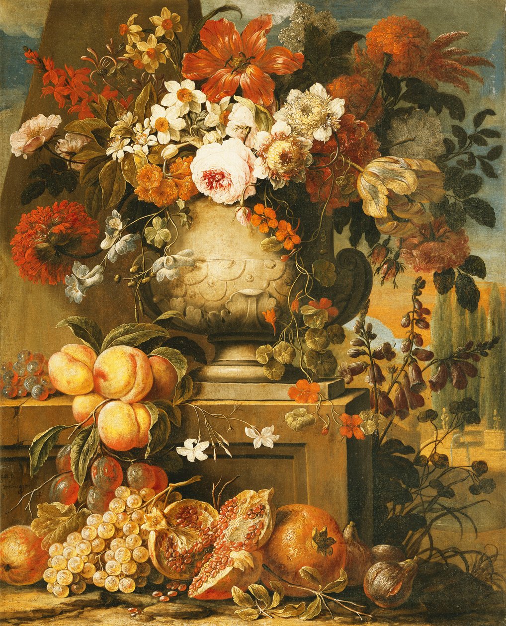 Fleurs dans des Urnes sur des Socles avec des Fruits - Gaspar Pieter II Verbruggen