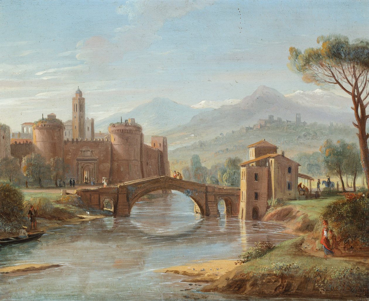 Paysage fluvial avec un pont menant à une ville fortifiée (huile sur cuivre) - Gaspar van (1653-1736) Wittel