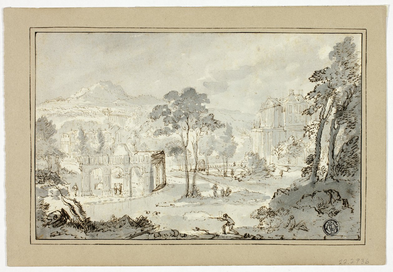 Chasseur avec chien, autres figures dans un paysage avec villa, canal, pyramide - Gaspar van Wittel