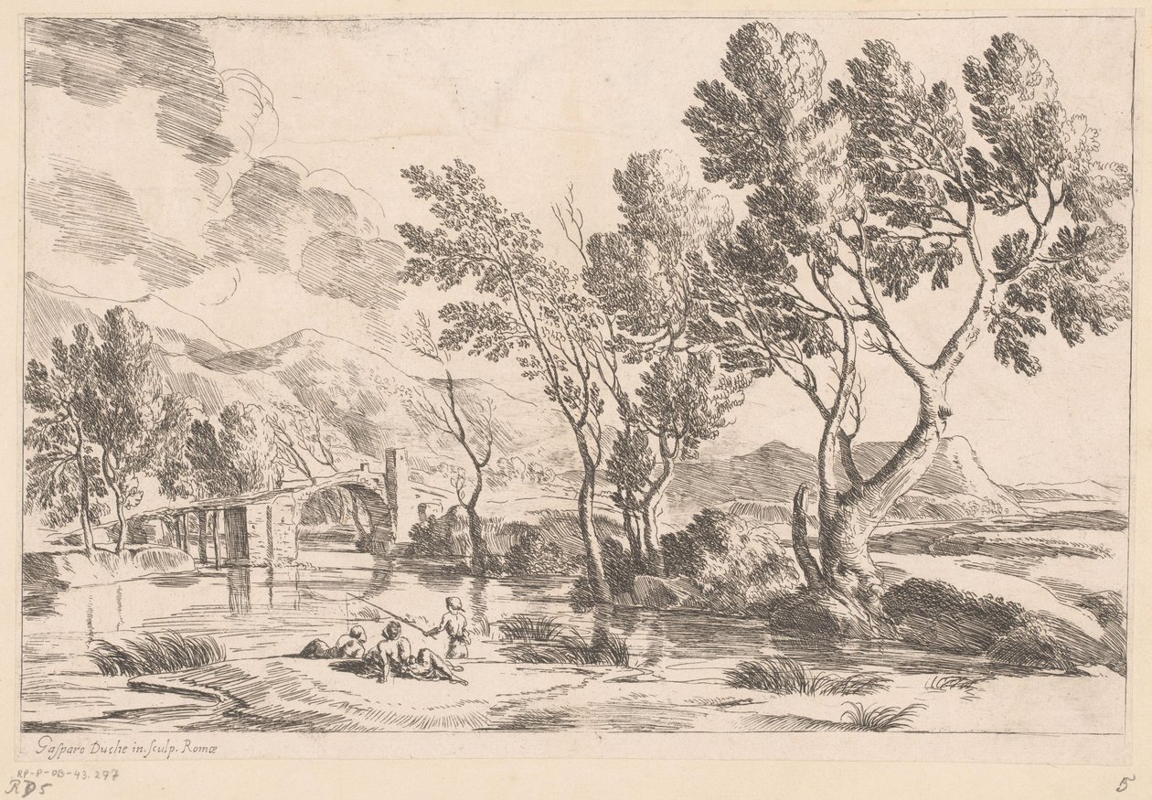 Paysage fluvial avec pont et pêcheurs - Gaspard Dughet