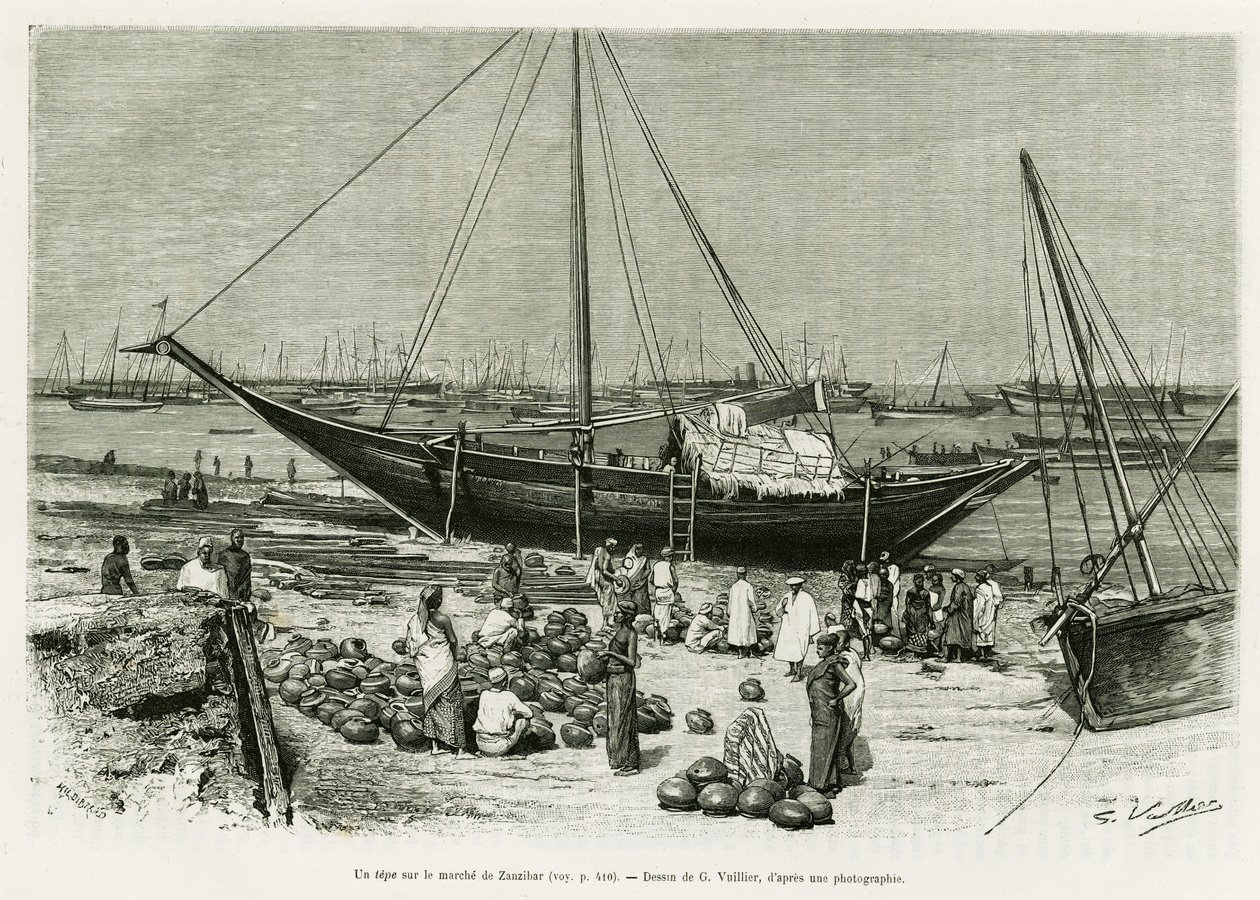 Un tepe sur le marché de Zanzibar (Tanzanie). Gravure pour illustrer l