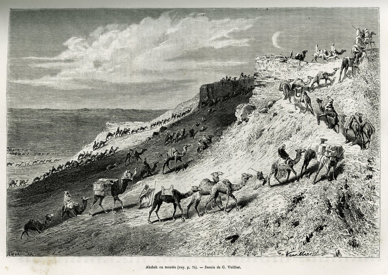 Akabah ou alignement de chameaux de la caravane. Gravure par G. Vuillier, pour illustrer l