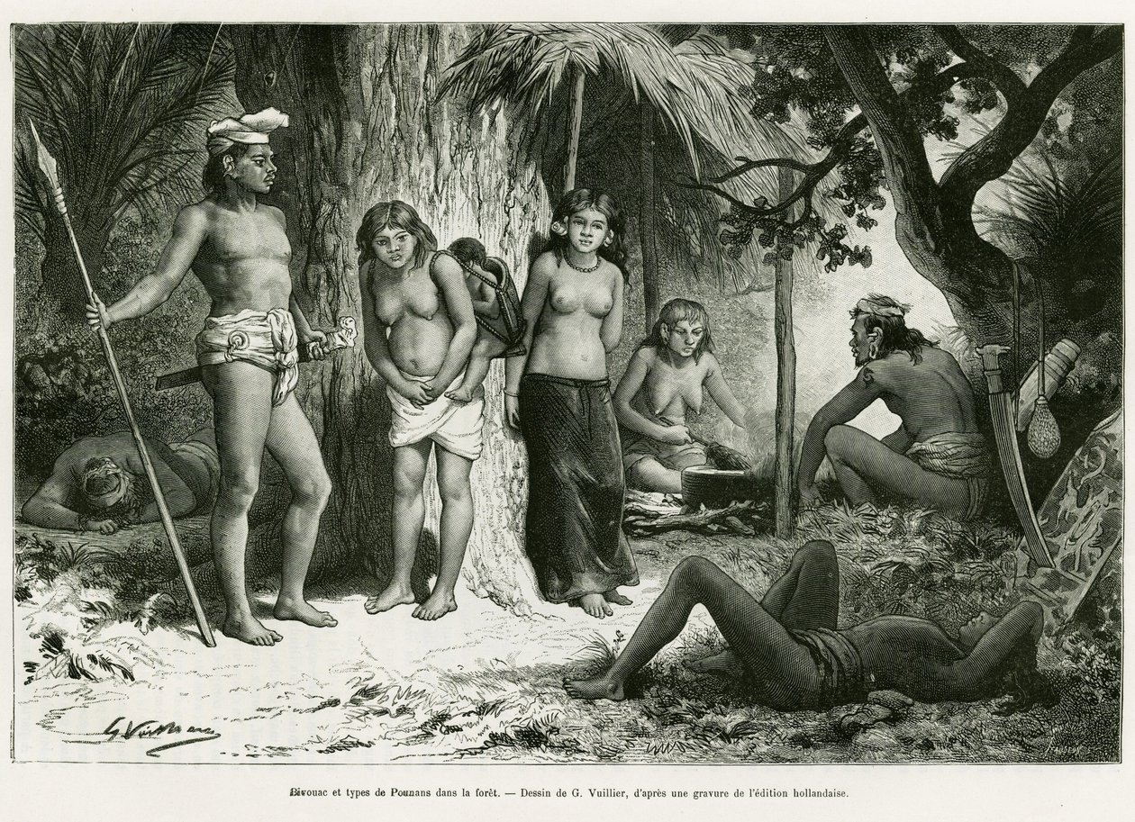 Bivouac et types de Lung dans la forêt. Gravure de G. Vuillier, pour illustrer l