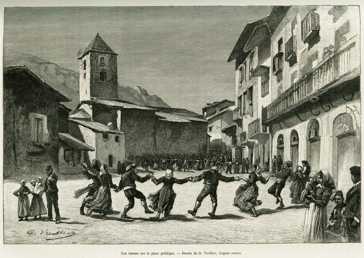 Danses sur la place publique. Gravure pour illustrer l