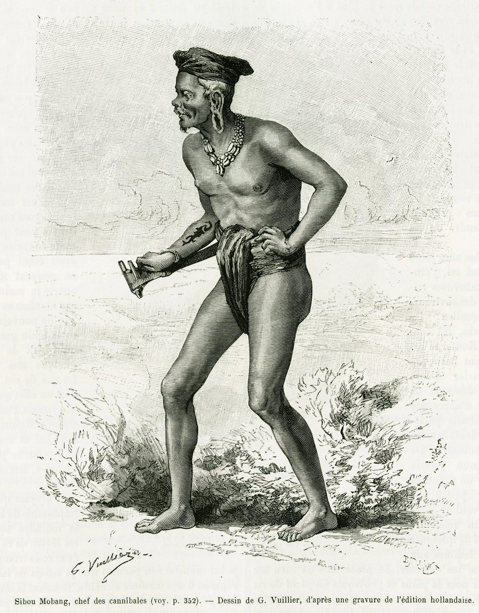 Sibou Mobang, chef des cannibales. Gravure par G. Vuillier, pour illustrer l
