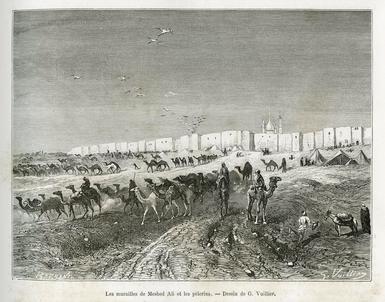 Les murs de Meshed Ali (Ali Ibn Abi Talib, mort en 661, cousin, disciple et gendre de Muhammad (570-632)) sont situés dans la mosquée de Najaf (Irak) et les pèlerins se rassemblent pour célébrer le premier et père de tous les imams. Gravure de G. Vuillier - Gaston Vuillier