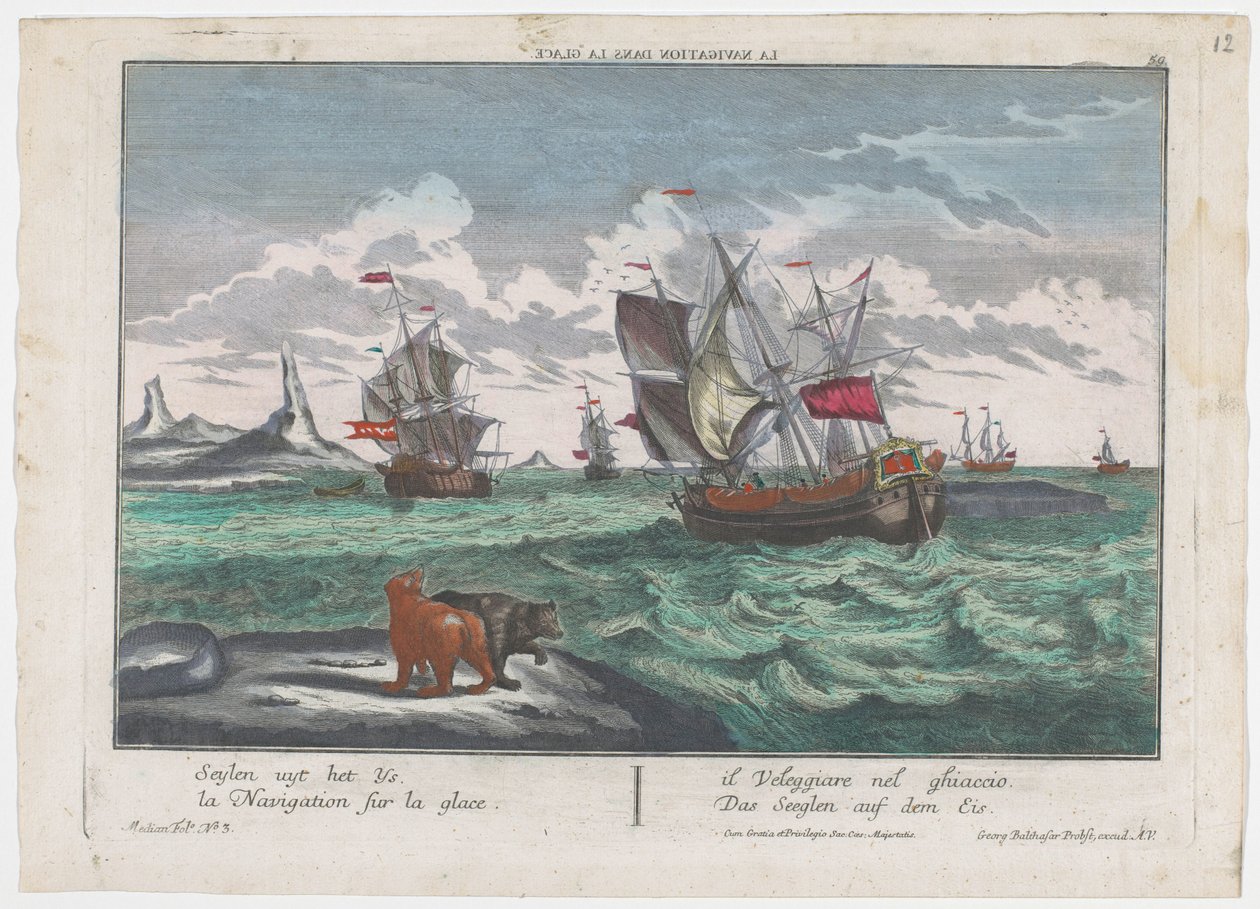 Vue des navires naviguant sur la mer de glace (série: Chasse à la baleine au Groenland) - Georg Balthasar Probst