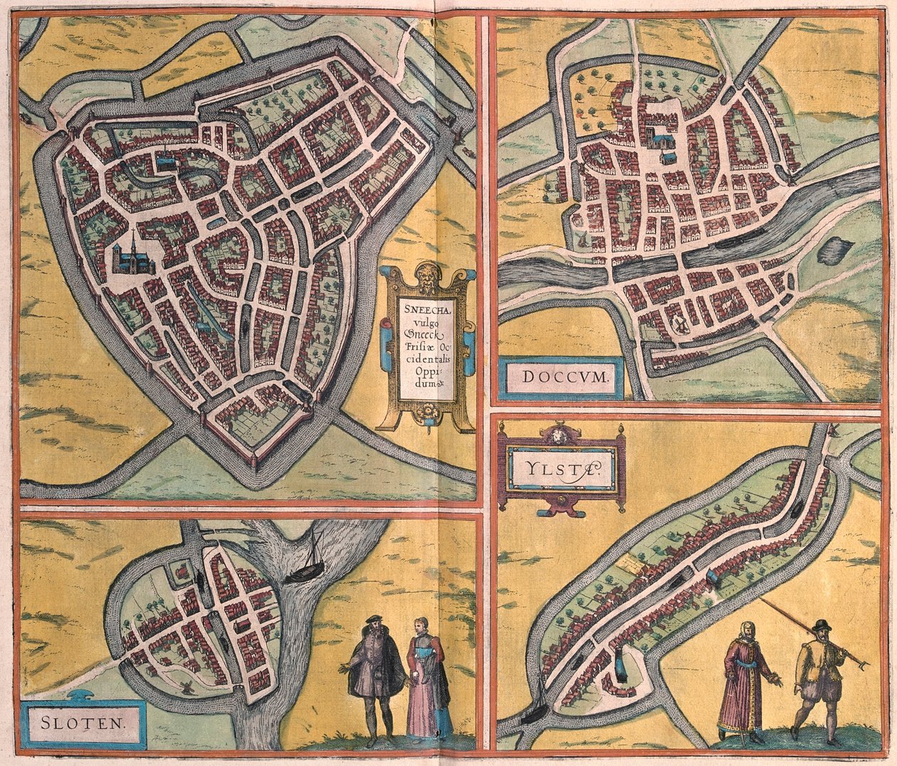 Sneek, Doccum, Sloten, Ijlst, Pays-Bas - dans "Civitates Orbis Terrarum" de Georg Braun, Cologne 1617 - Georg Braun