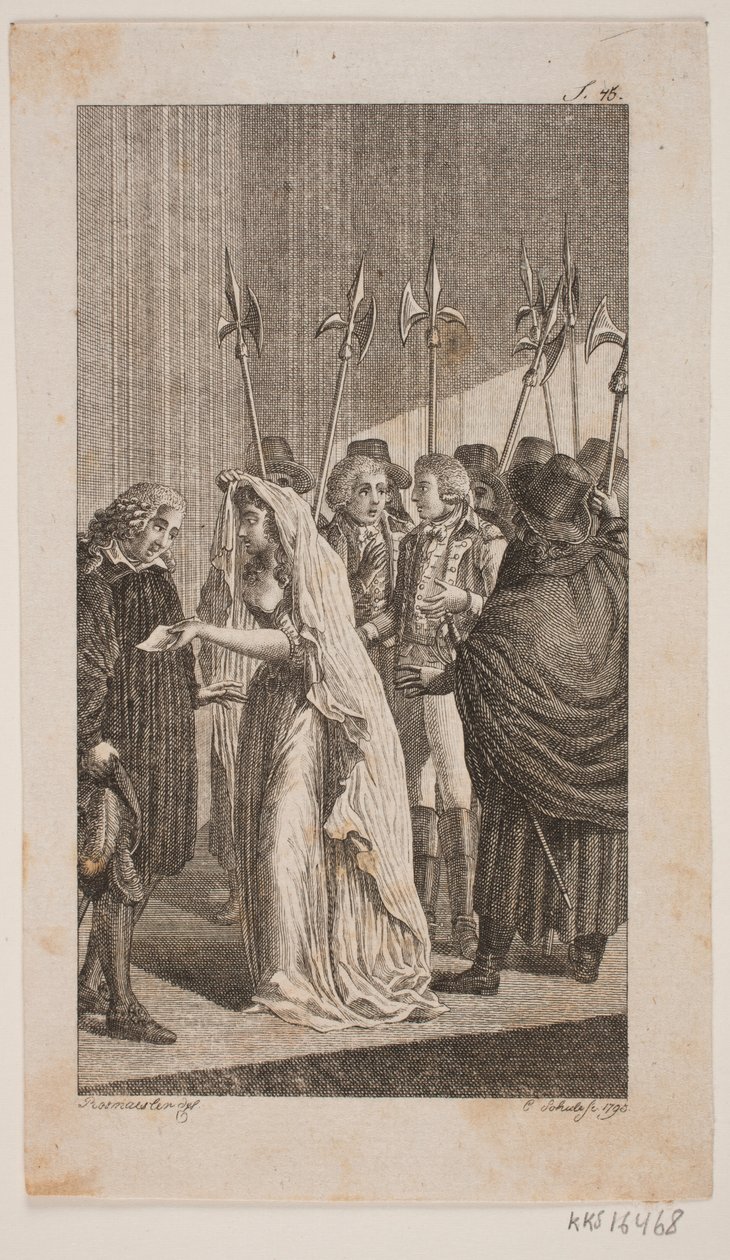Illustration avec une jeune femme donnant une lettre à un homme plus âgé. En arrière-plan, deux hommes entourés de gardes de la ville - Georg Christian Schule