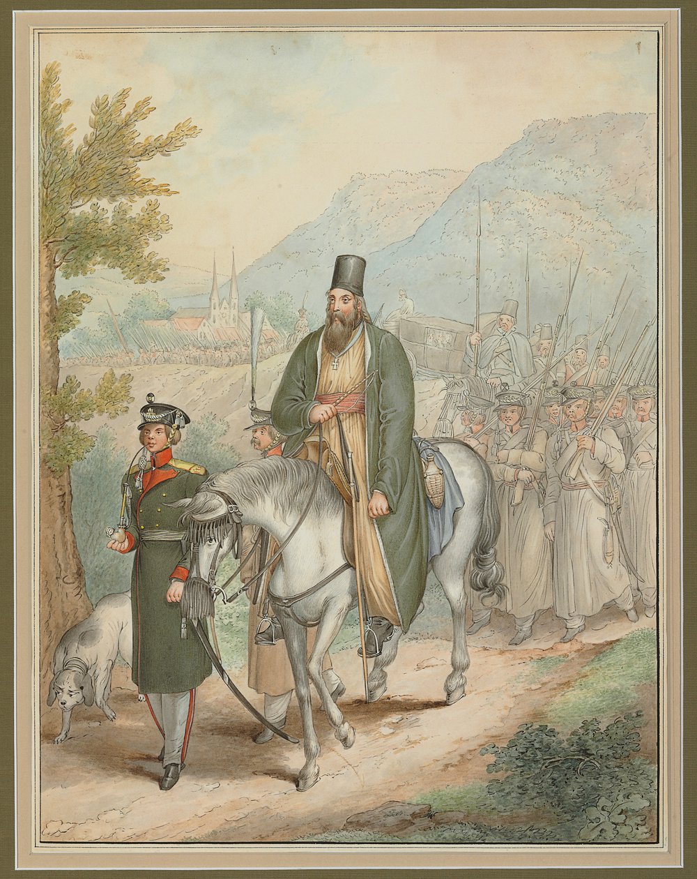 Soldats russes accompagnant un prêtre à cheval - Georg Emanuel Opitz