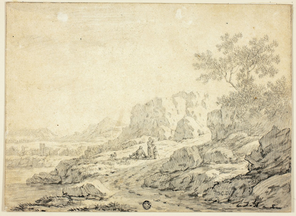 Paysage rocheux avec personnages et chien sur le chemin - Georg Friedrich Dietzsch