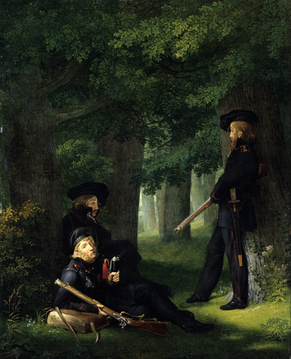 French : Theodor Körner, Friedrich Friesen et Heinrich Hartmann aux avant-postes At the Outpost - Georg Friedrich Kersting