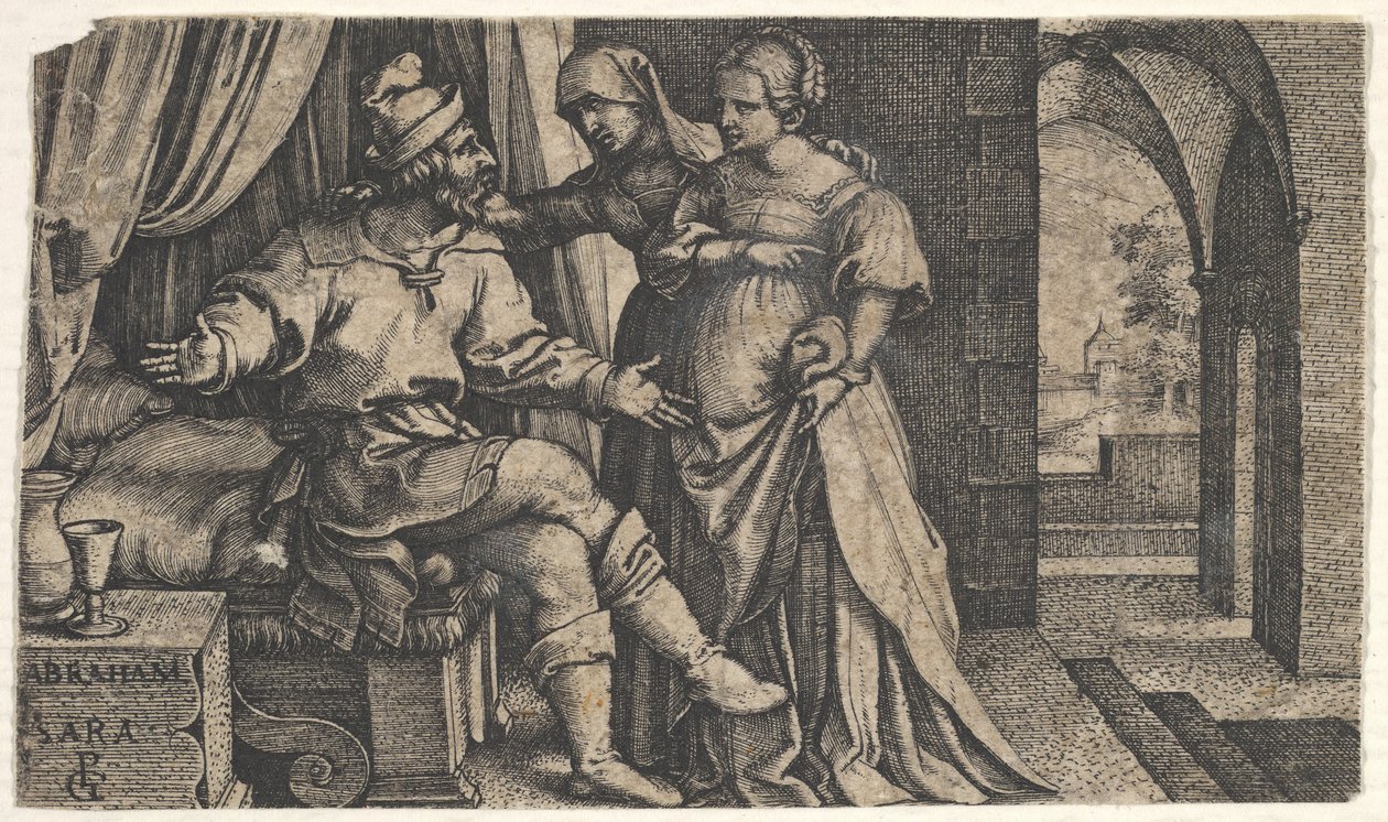 Sarah présentant Agar à Abraham, qui est assis au pied d