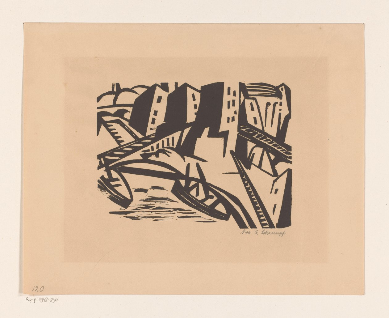 Bateaux à un quai dans la ville - Georg Schrimpf (signed by artist)