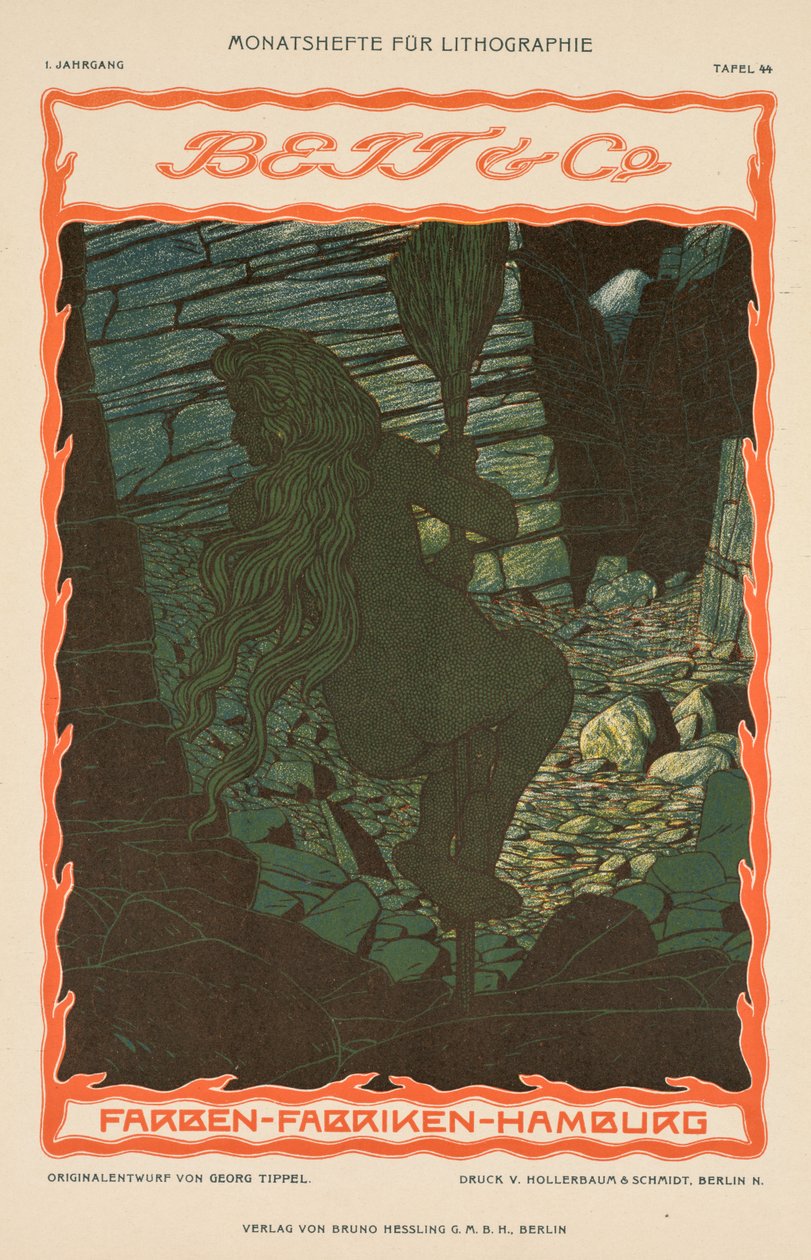 Femme nue sur un balai (de la série publicitaire pour tissus colorés, Beit & Co., Hambourg) - Georg Tippel