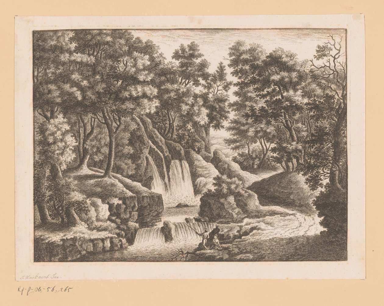 Cascade dans la forêt avec deux pêcheurs au premier plan - Georg Wolfgang Knorr (possibly)
