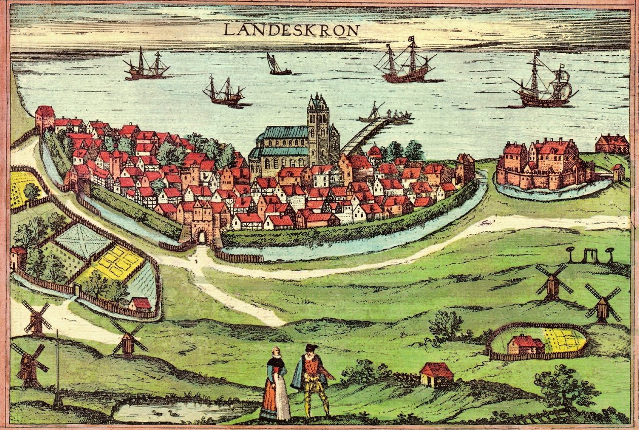 Ville de Landskrona, port anti-hanséatique, Danemark - Georg and Hogenberg Franz (1535 90) Braun