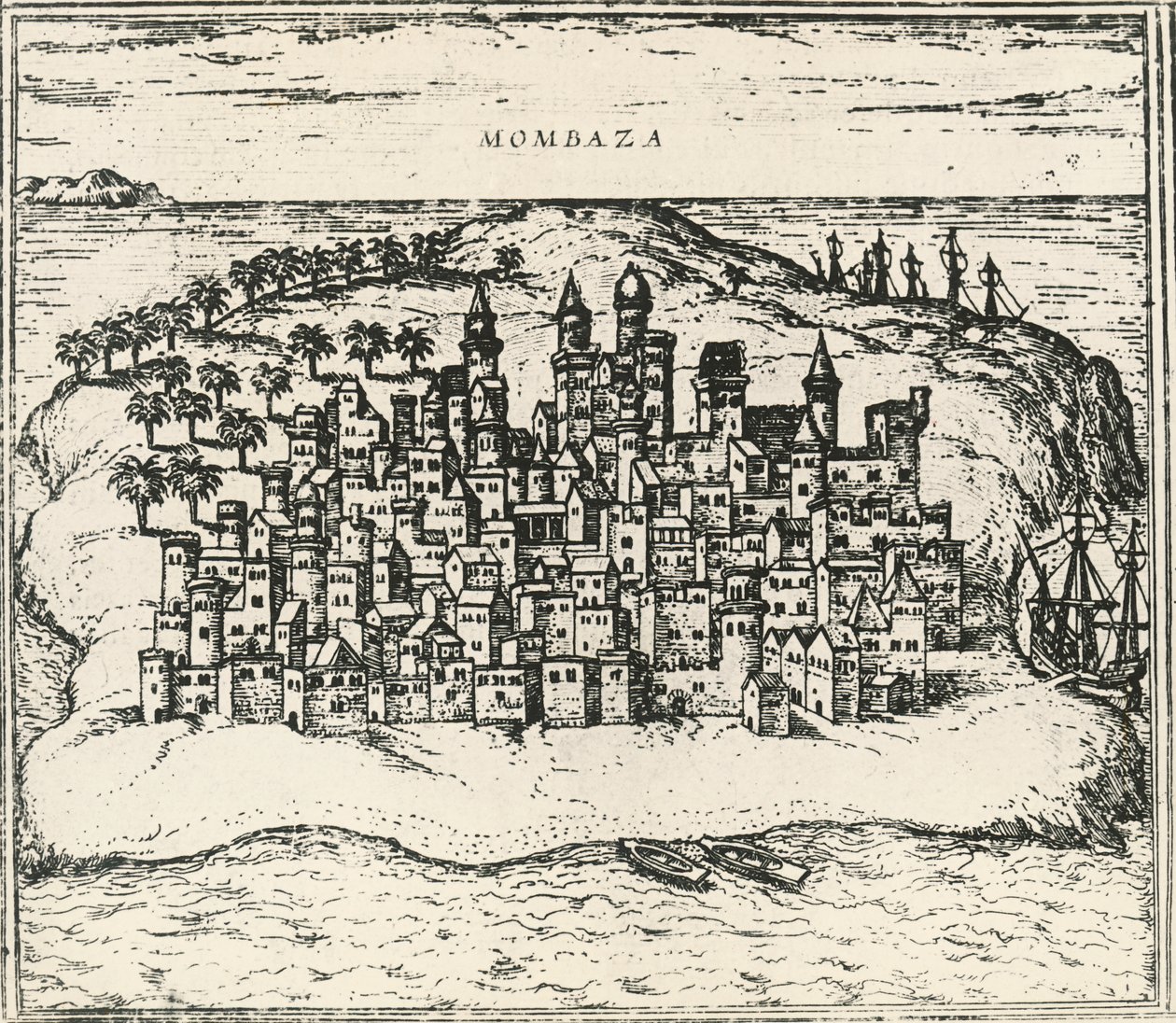 Ville de Mombasa au Kenya, gravure de Civitates Orbis Terrarum - Georg Braun and Hogenberg Franz