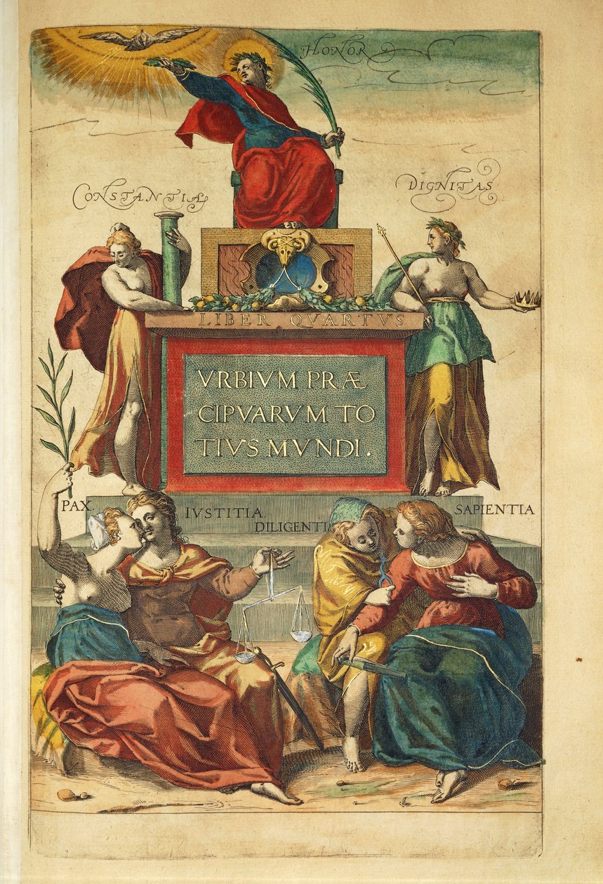 Frontispice du volume IV représentant des figures allégoriques du Civitates Orbis Terrarum par Georg Braun - Georg Braun and Hogenberg Franz