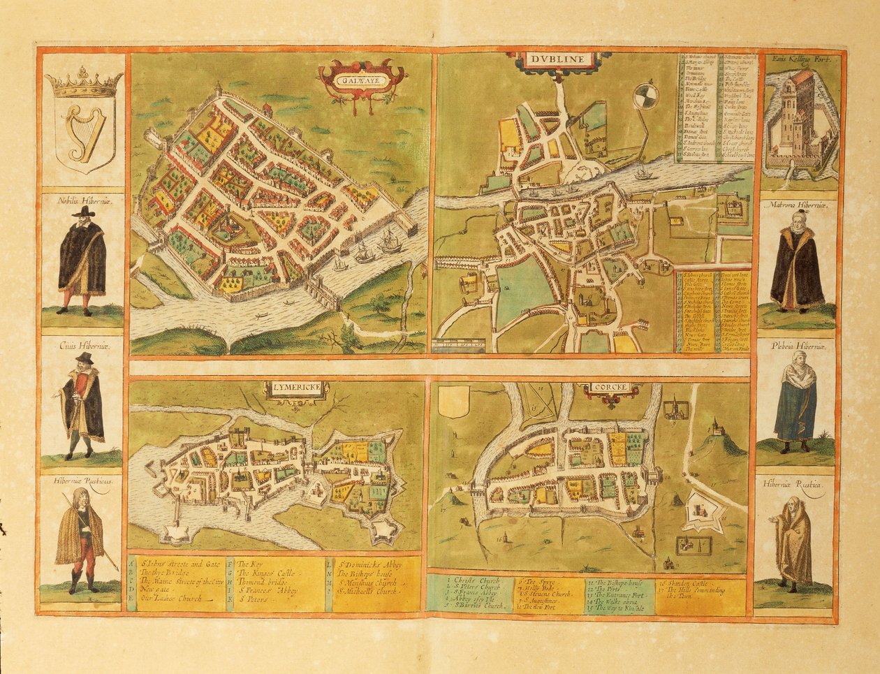 Carte de Galway, Dublin, Limerick et Cork du Civitates Orbis Terrarum par Georg Braun - Georg Braun and Hogenberg Franz