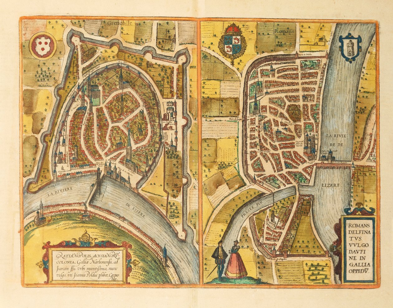 Carte de Grenoble et Le Mans du Civitates Orbis Terrarum par Georg Braun - Georg Braun and Hogenberg Franz