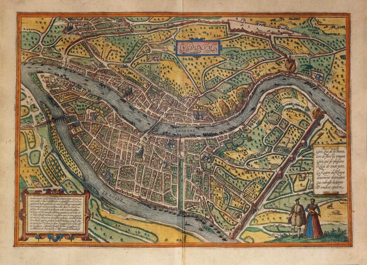 Carte de Lyon, France, du Civitates Orbis Terrarum par Georg Braun - Georg Braun and Hogenberg Franz