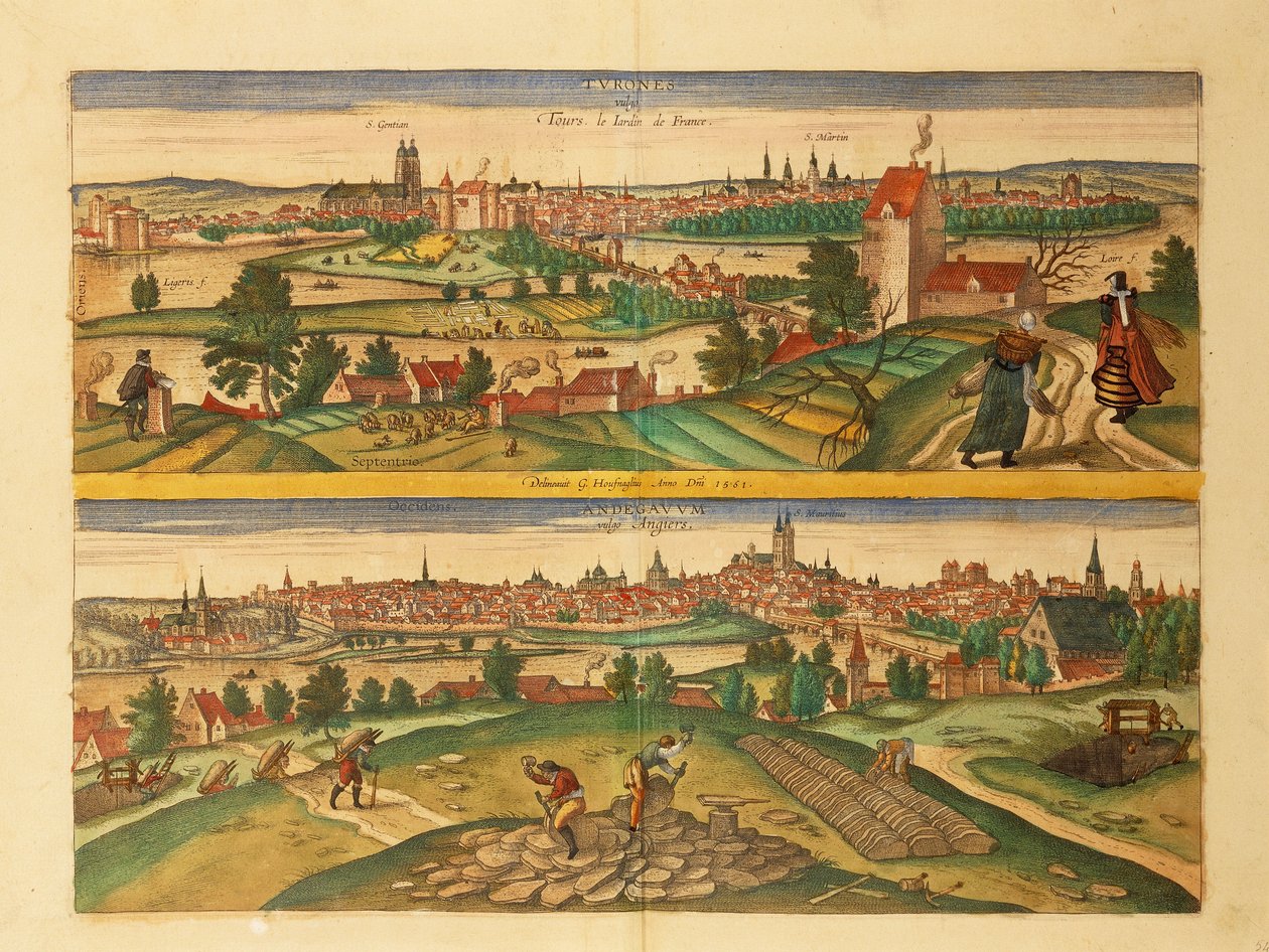 Carte de Tours et Angers du Civitates Orbis Terrarum par Georg Braun - Georg Braun and Hogenberg Franz