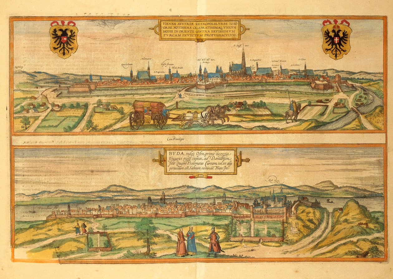 Carte de Vienne et Buda du Civitates Orbis Terrarum par Georg Braun - Georg Braun and Hogenberg Franz