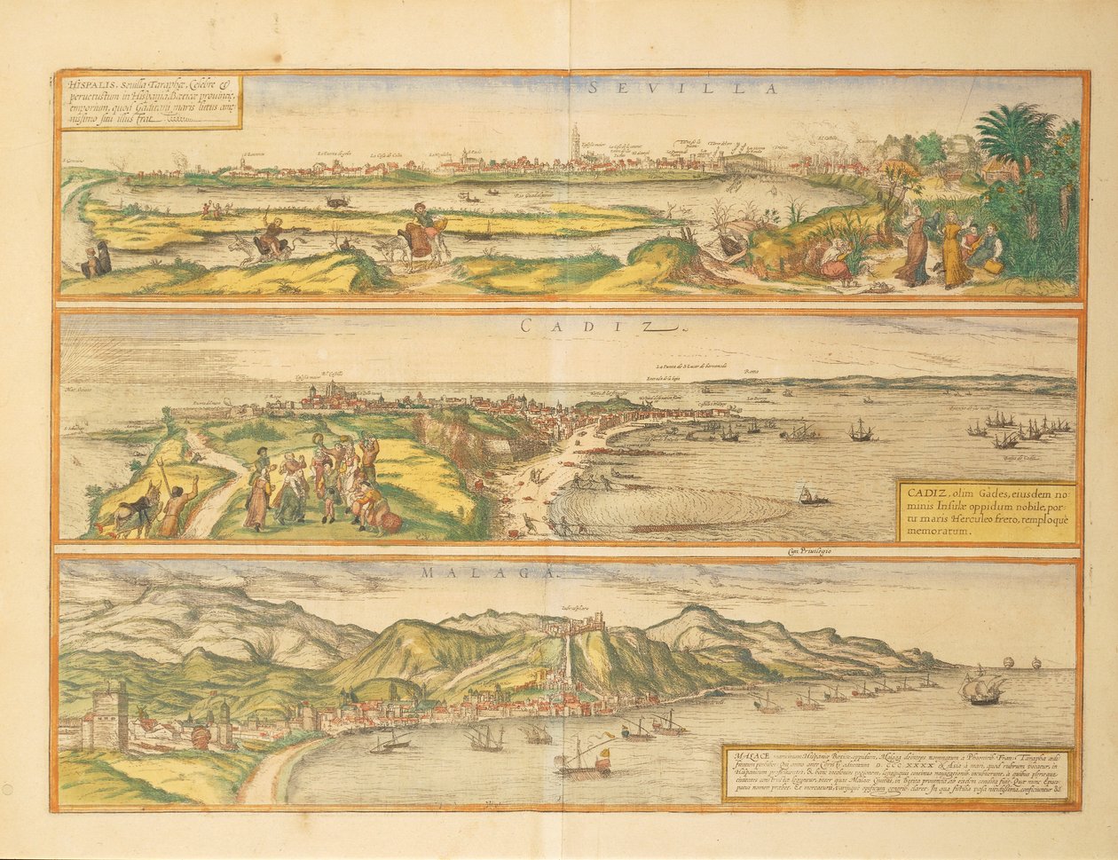 Cartes de Séville, Cadix et Malaga, Espagne, de Civitates Orbis Terrarum par Georg Braun - Georg Braun and Hogenberg Franz