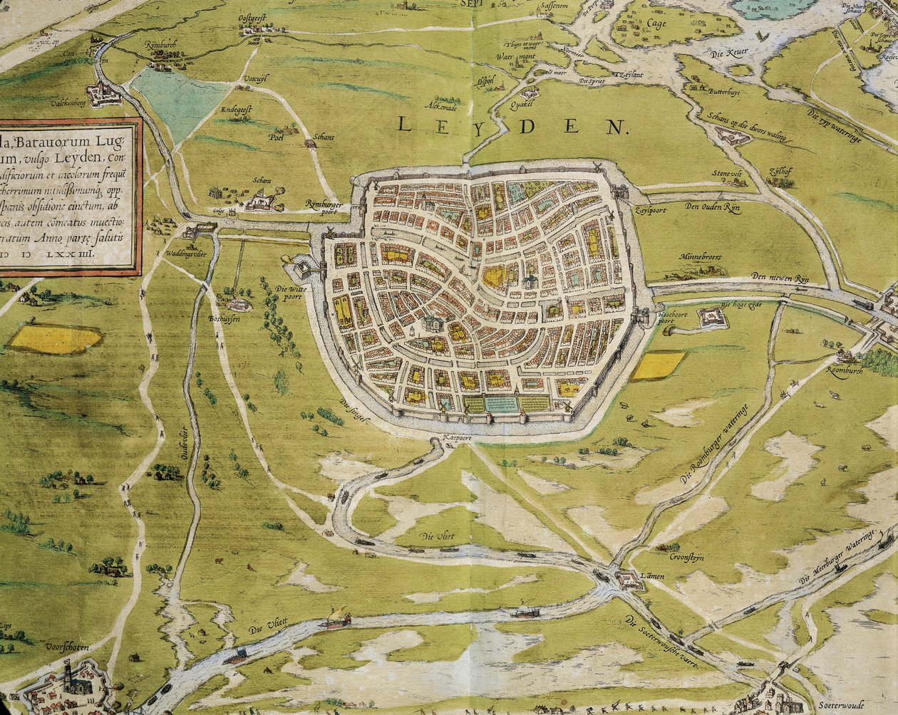 Pays-Bas, carte de la ville et de la région de Leiden du Civitates Orbis Terrarum par Georg Braun et Franz Hogenberg, Cologne, gravure - Georg Braun and Hogenberg Franz