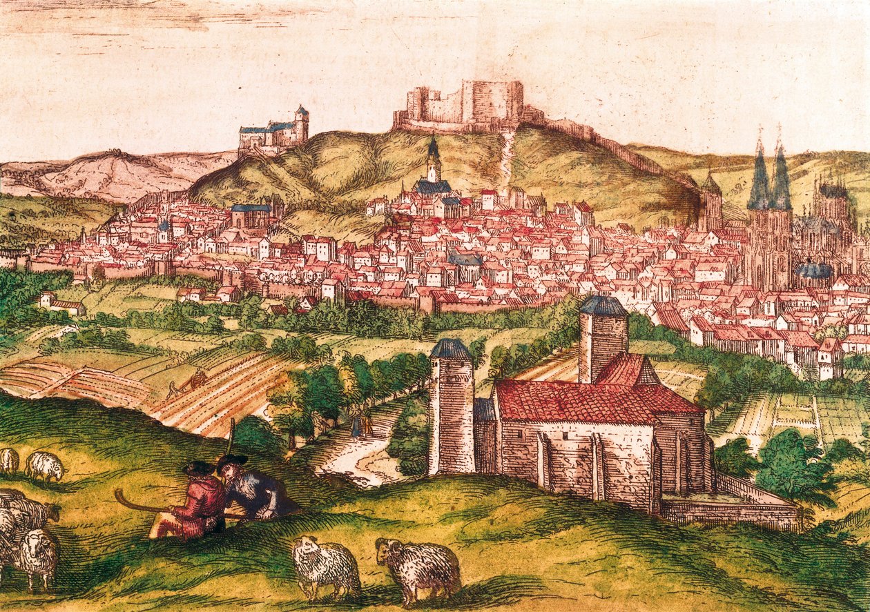 Ville de Burgos en Espagne avec bergers et troupeau de moutons au premier plan (1576). Gravure dans Civitatis Orbis Terrarum - Georg Braun and Hogenberg Franz