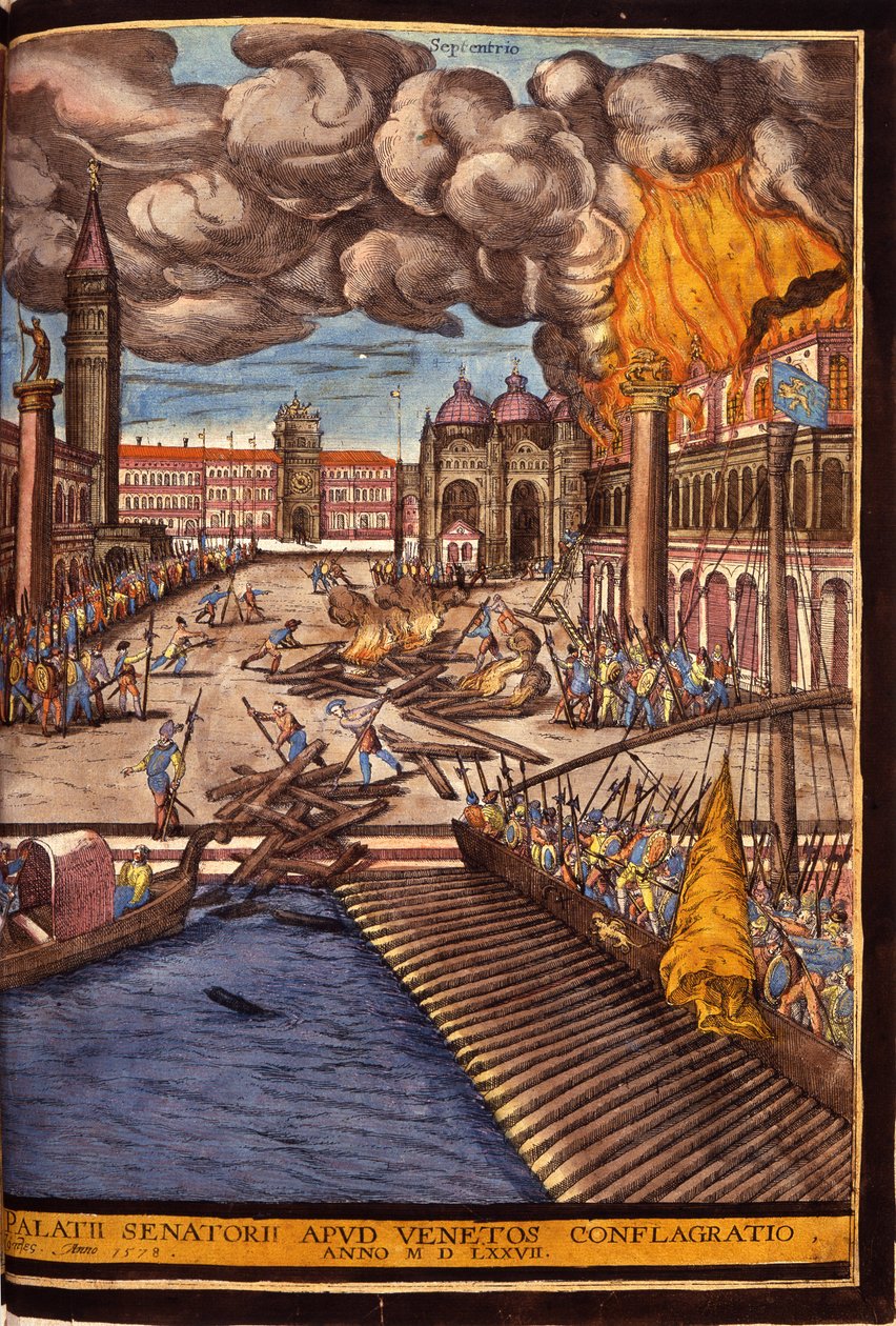 Le Grand Incendie du Palais des Doges sur la place Saint-Marc à Venise en 1577. Gravure de George Braun dans "Civitatis Orbis Terrarum" Volume I écrit par Franz Hogenberg (1535-1590) - Georg Braun and Hogenberg Franz