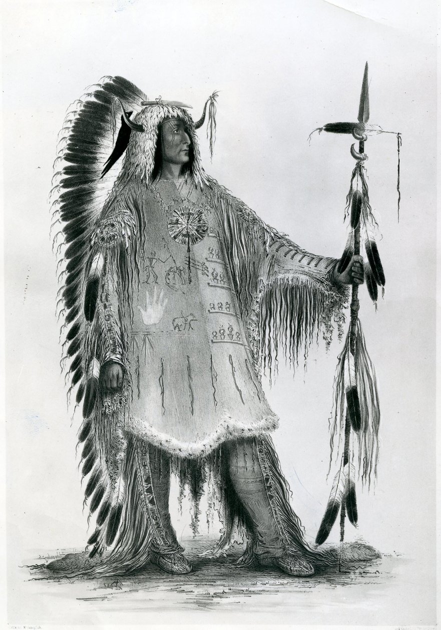 Mato-Tope, deuxième chef du peuple Mandan, vers 1833 (lithographie en noir et blanc) - George Catlin