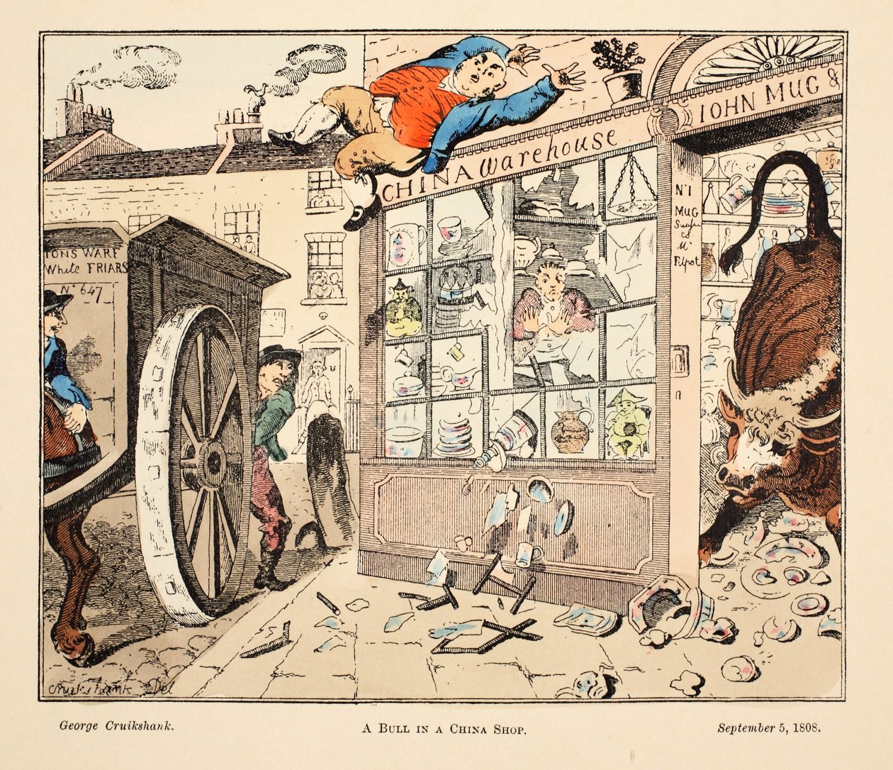 Un taureau dans un magasin de porcelaine, pub. 1808 - George Cruikshank