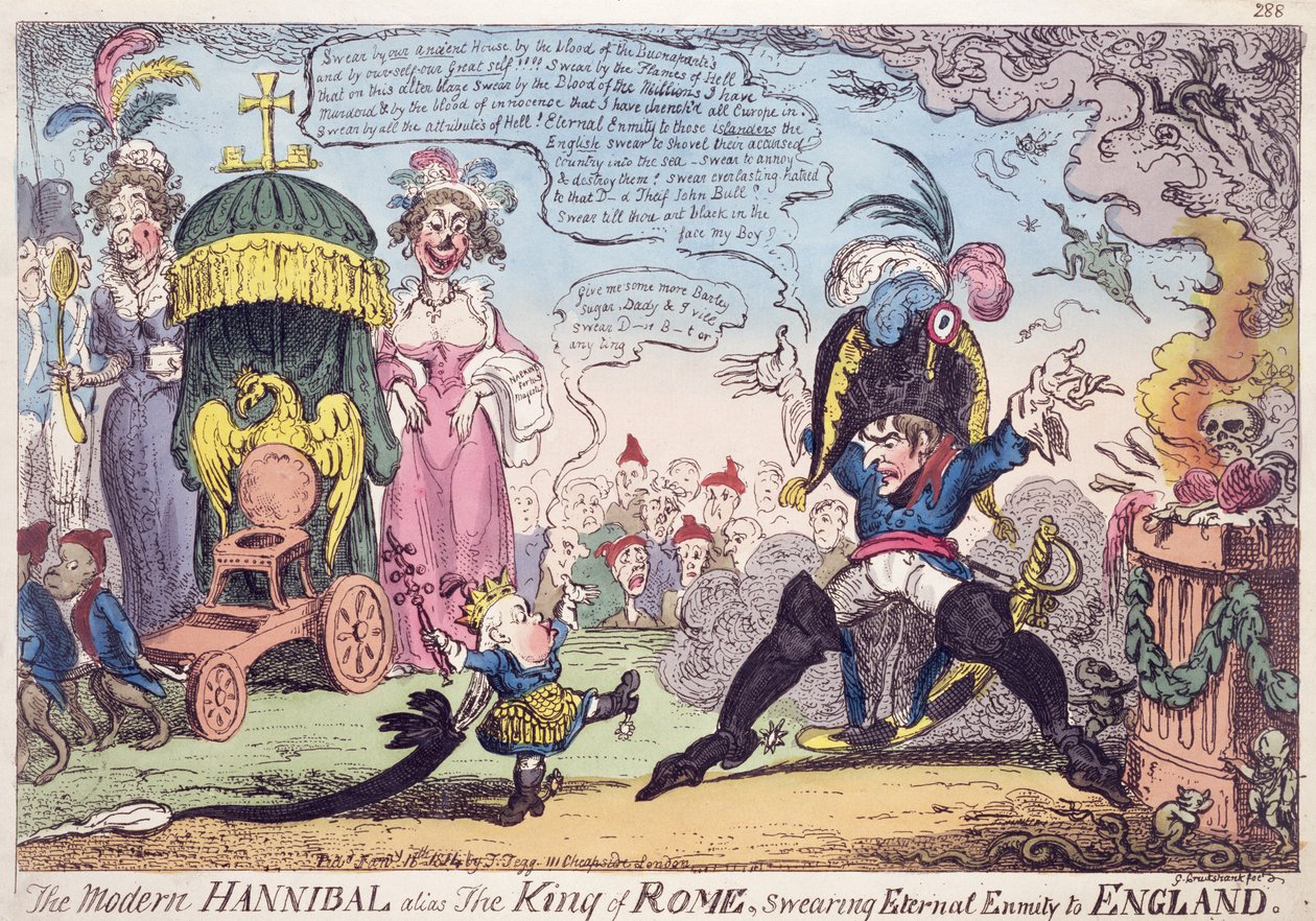 Le roi de Rome, 1814 - caricature montrant Napoléon et son fils, Napoléon II (1811-32), Roi de Rome - George Cruikshank