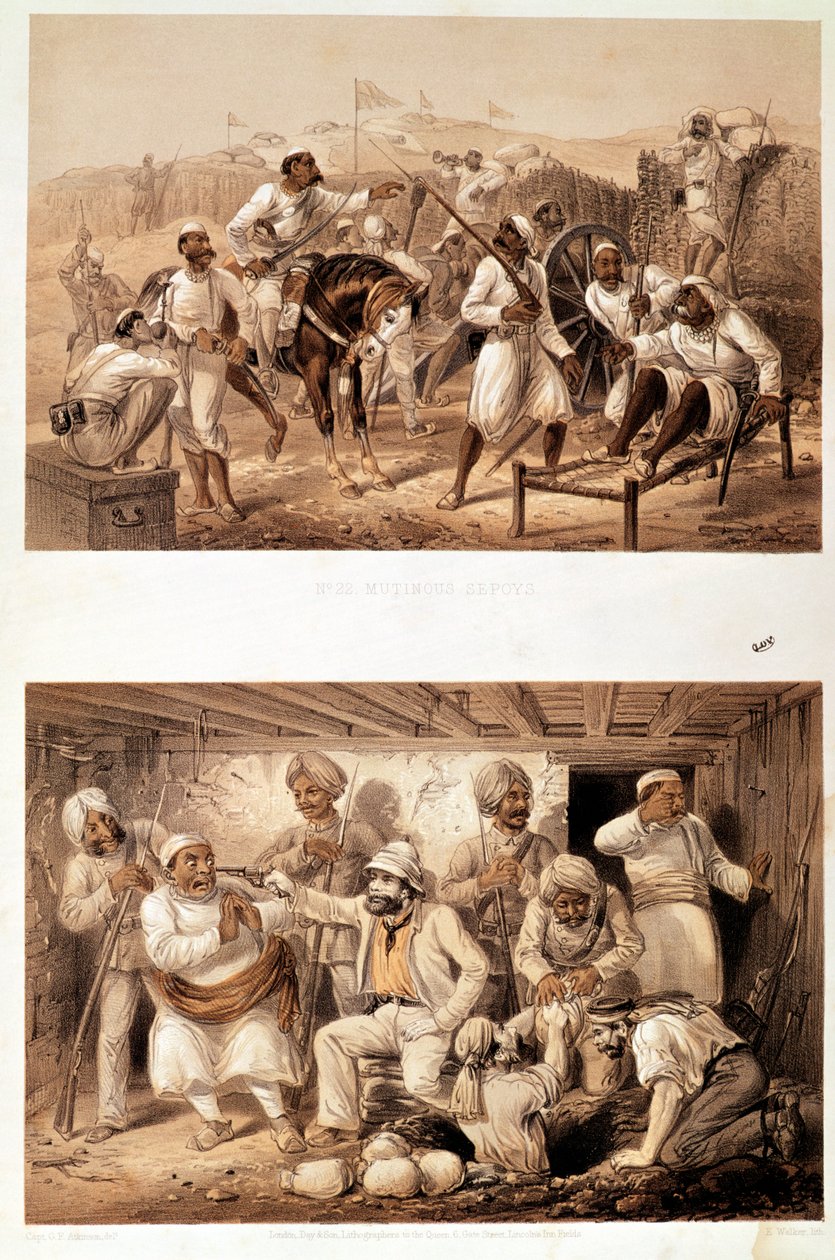 Deux scènes de la révolte indienne de 1857 représentant des cipayes mutins et un agent anglais extrayant un trésor après l